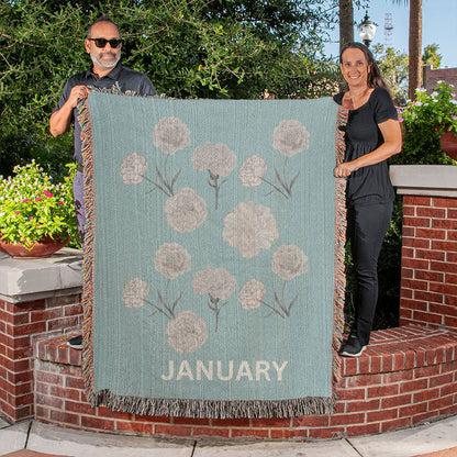 Heirloom Birth Month Flower Woven Blanket - January - Aqua - Carnation