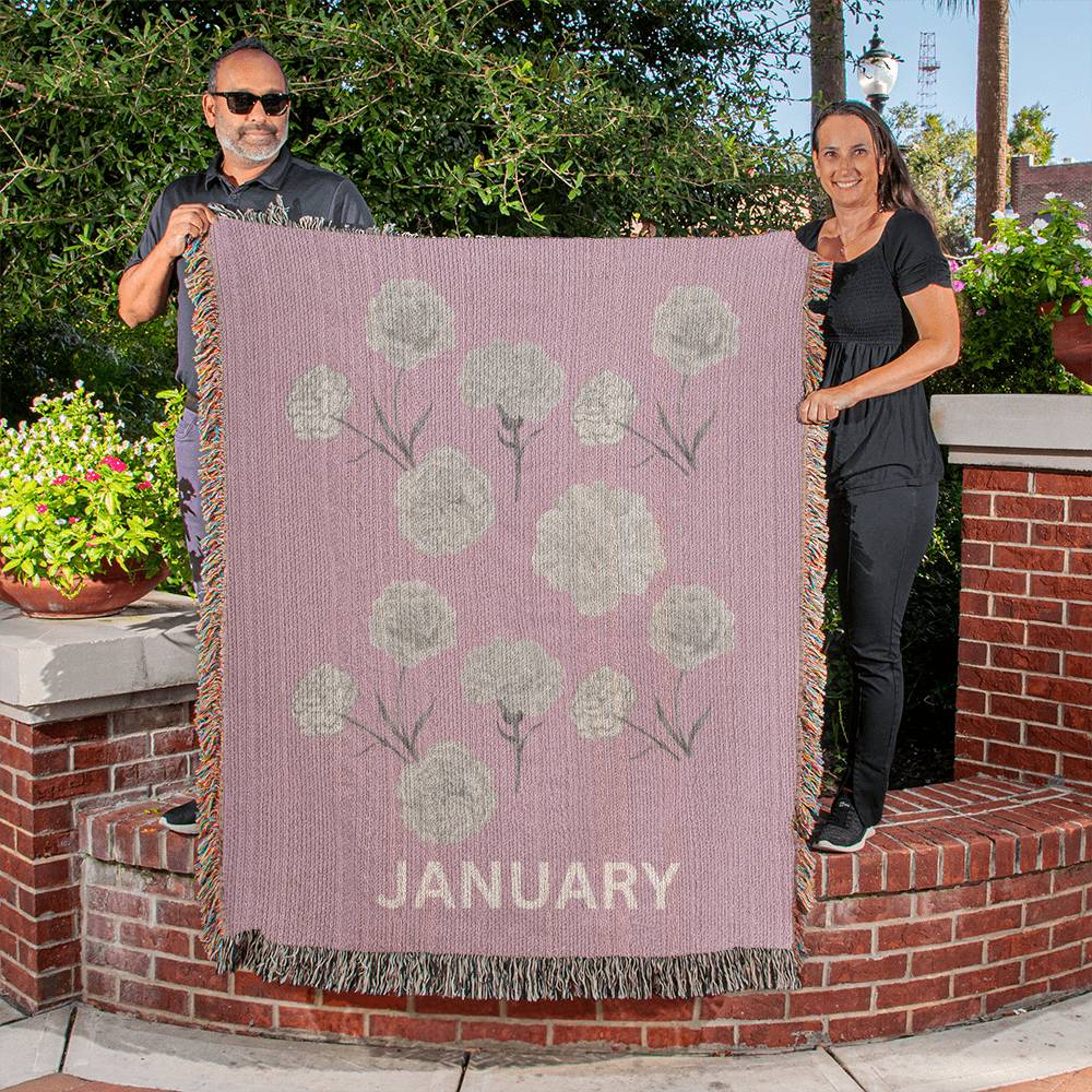 Rose - January - Carnation Heirloom Birth Month Flower Woven Blanket