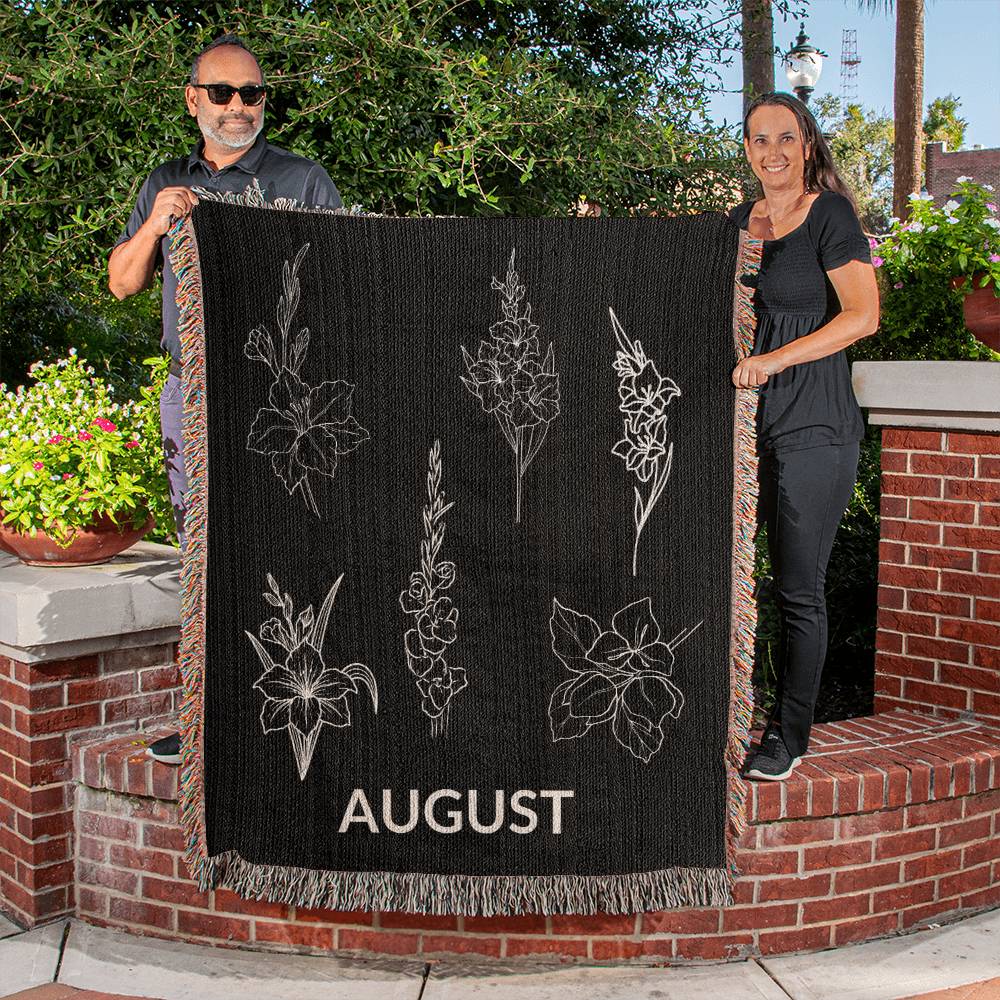 Black - August - Gladiolus Heirloom Birth Month Flower Woven Blanket