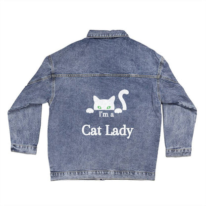 I'm a Cat Lady Oversized Women's Denim Jacket - White Cat