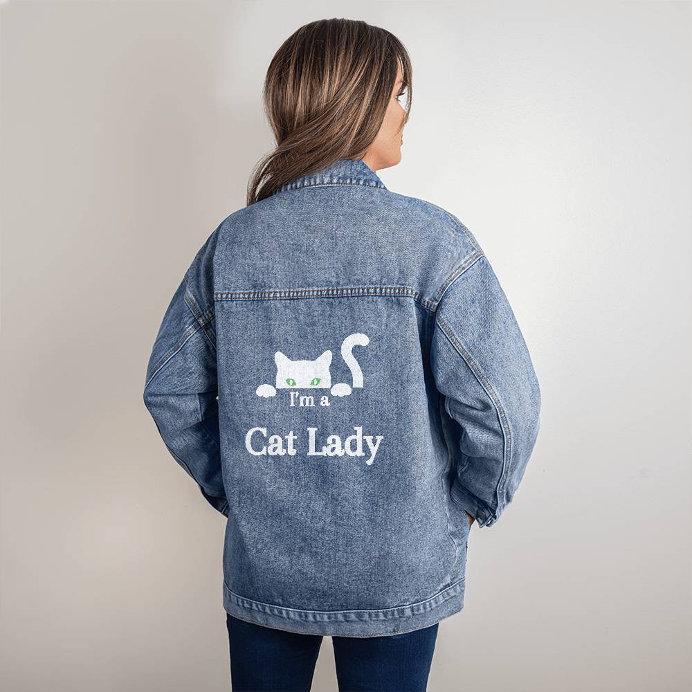 I'm a Cat Lady Oversized Women's Denim Jacket - White Cat