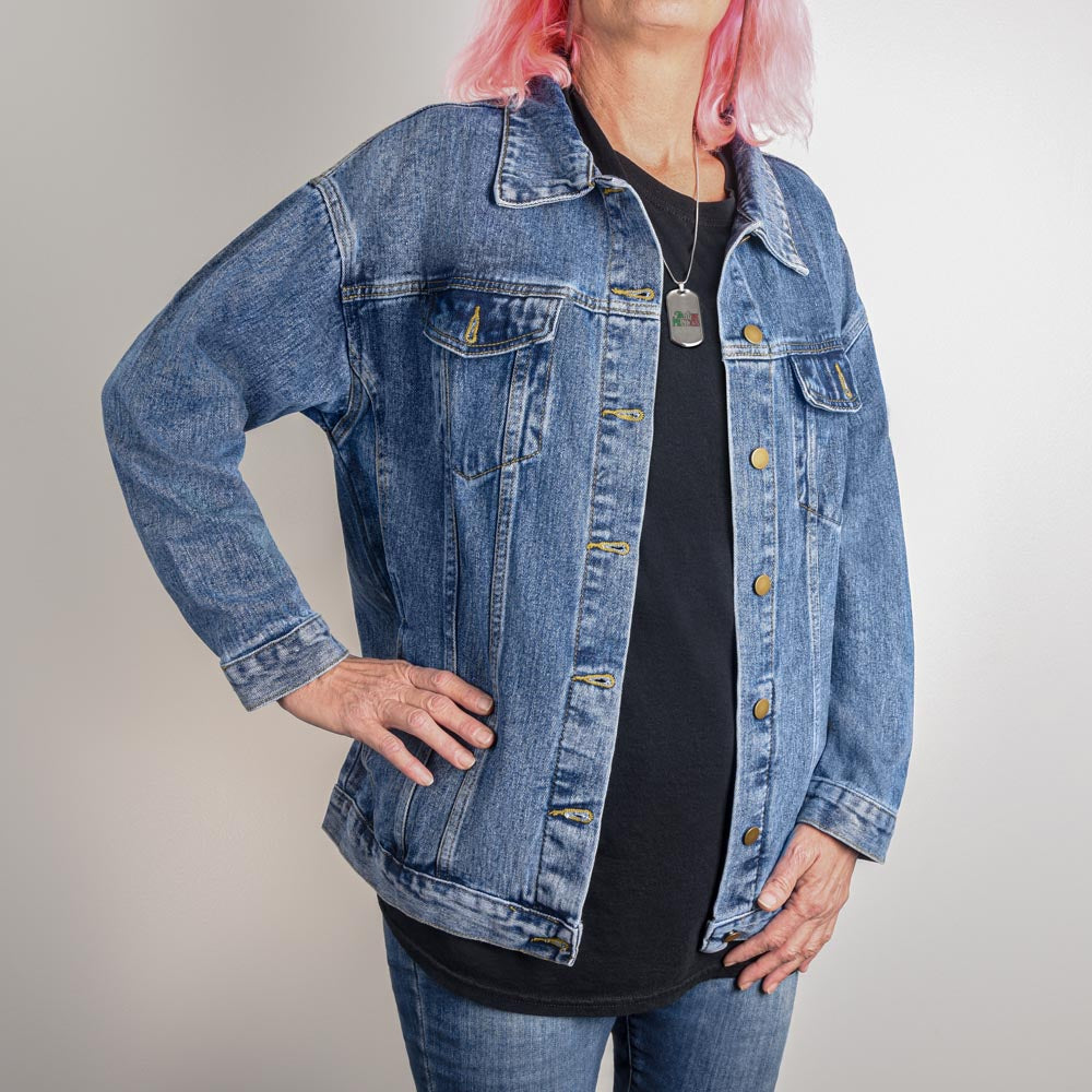 I'm a Cat Lady Oversized Women's Denim Jacket - White Cat