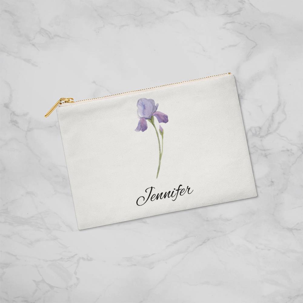 Personalized Birth Month Flower Fabric Zipper Pouch - Small - Feb