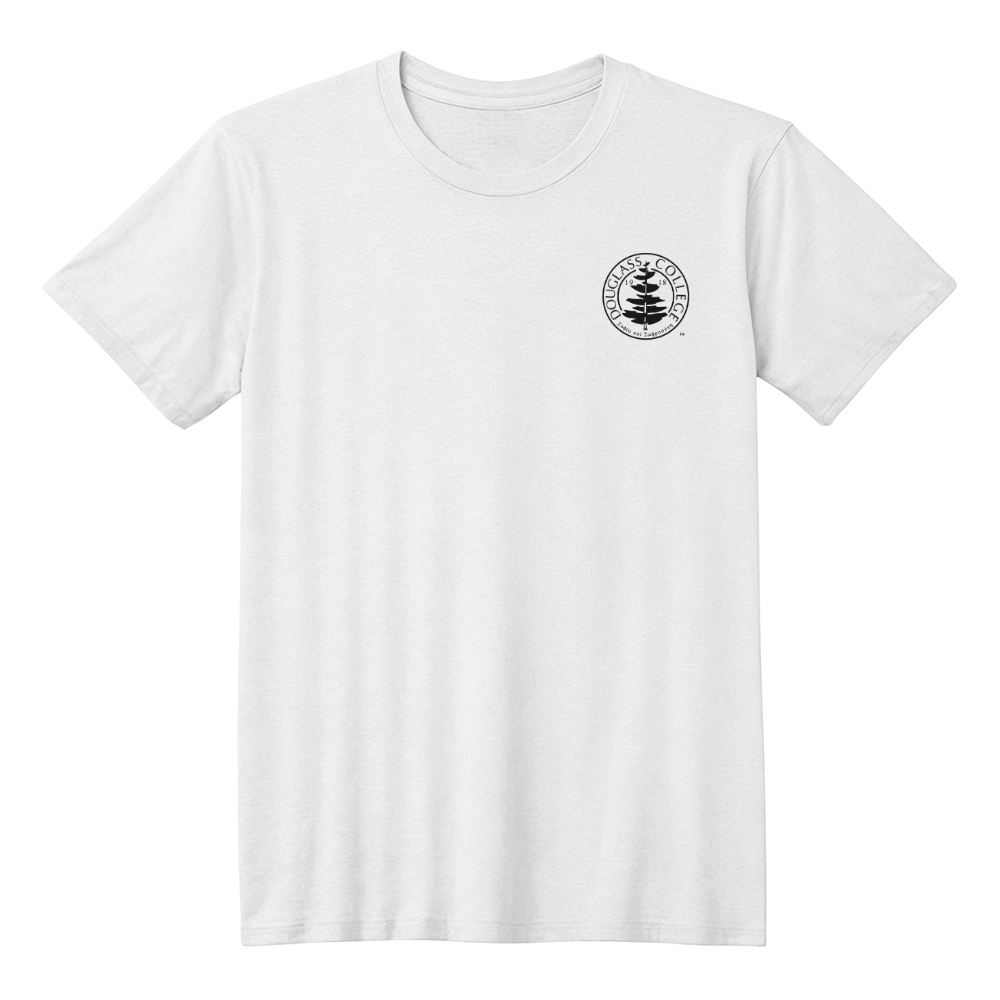 Douglass College Seal - Bella + Canvas, Pocket Logo, White Short Sleeve Tee shirt
