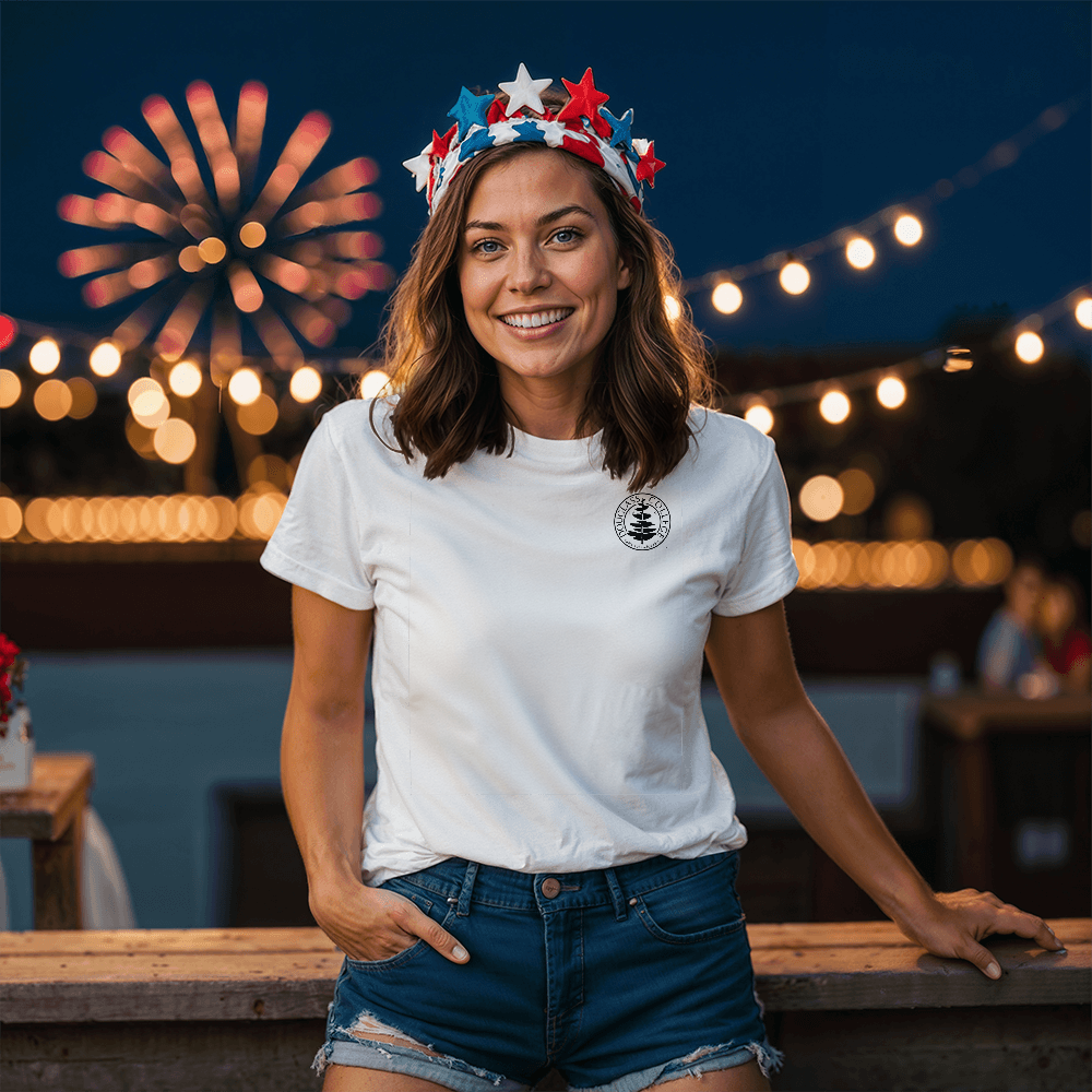 Douglass College Seal - Bella + Canvas, Pocket Logo, White Short Sleeve Tee shirt