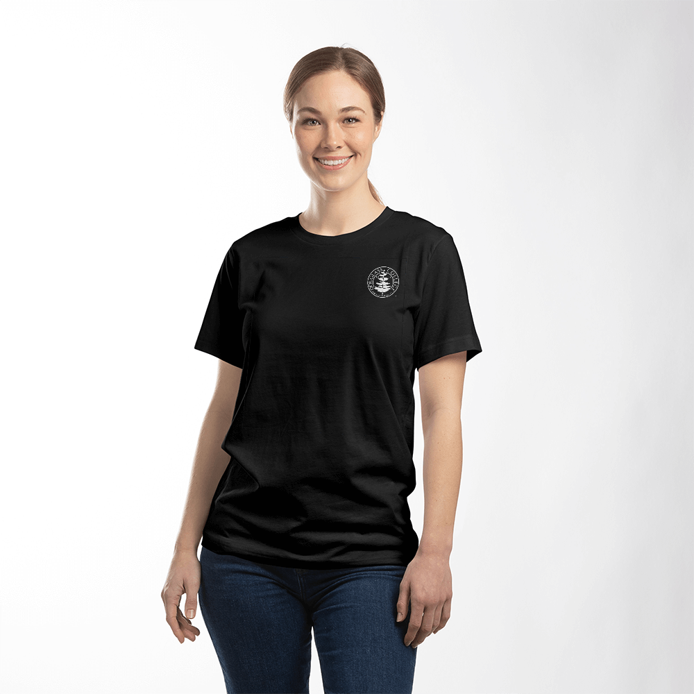 Douglass College Seal - Bella + Canvas Pocket Logo, Short Sleeve Black Tee shirt