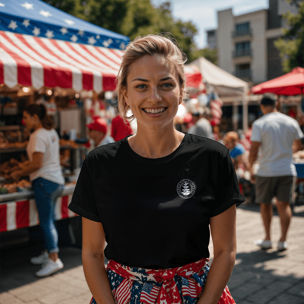 Douglass College Seal - Bella + Canvas Pocket Logo, Short Sleeve Black Tee shirt