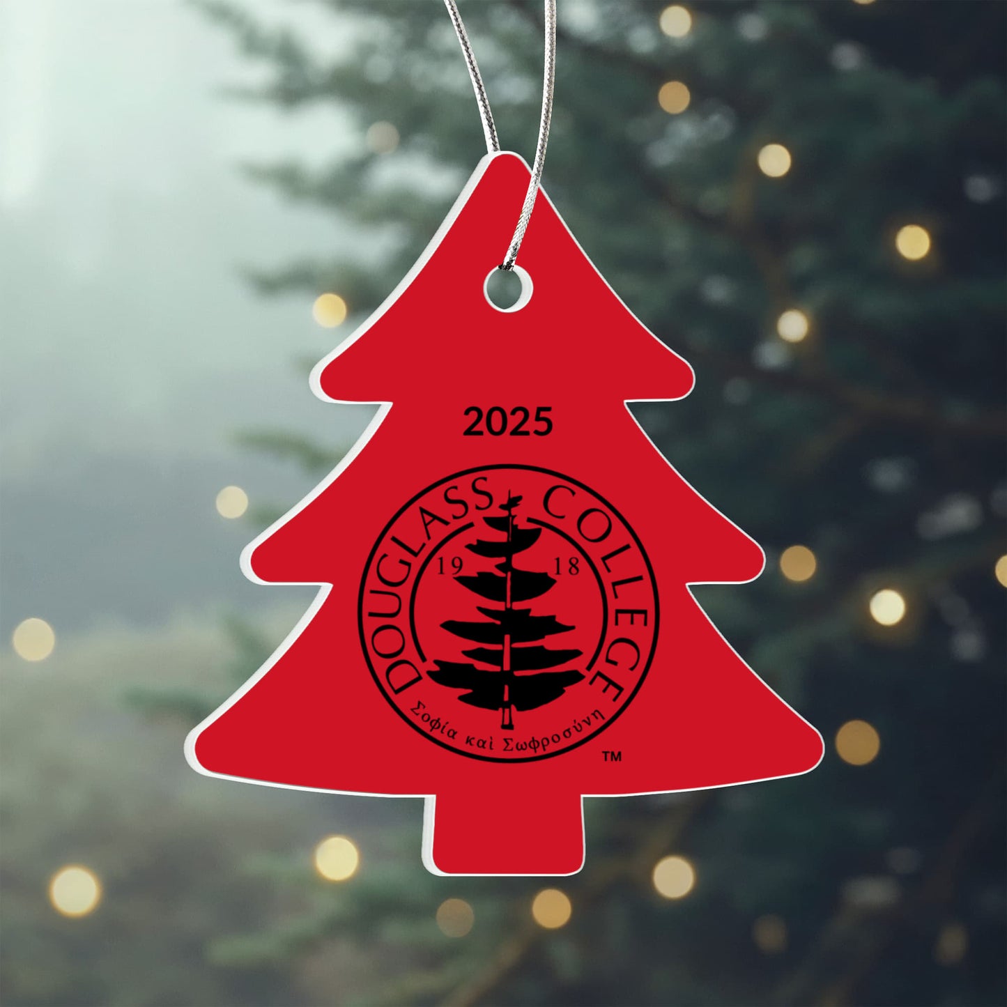Douglass College Seal - Red Tree Ornament - 2025